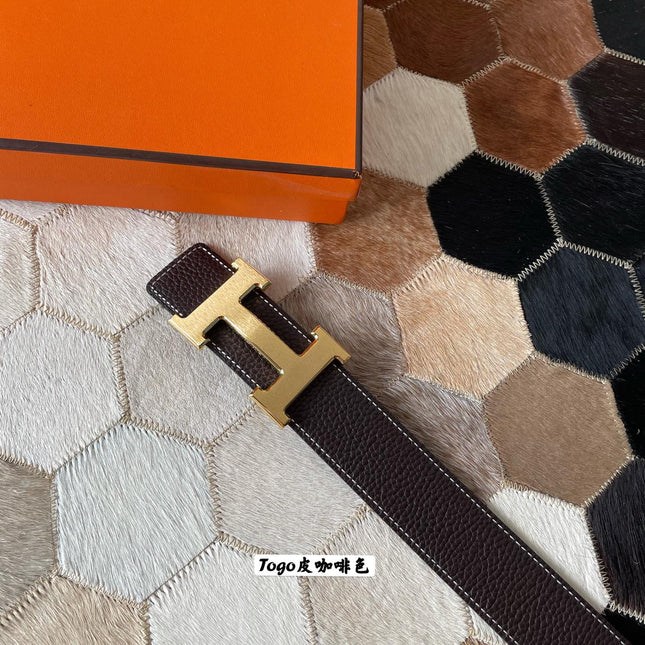 HM CONSTANCE BELT BUCKLE & REVERSIBLE CHOCOLATE BROWN LEATHER STRAP 38MM GOLD HARDWARE