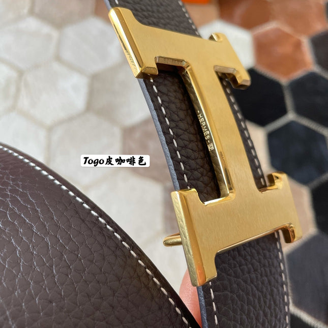 HM CONSTANCE BELT BUCKLE & REVERSIBLE CHOCOLATE BROWN LEATHER STRAP 38MM GOLD HARDWARE