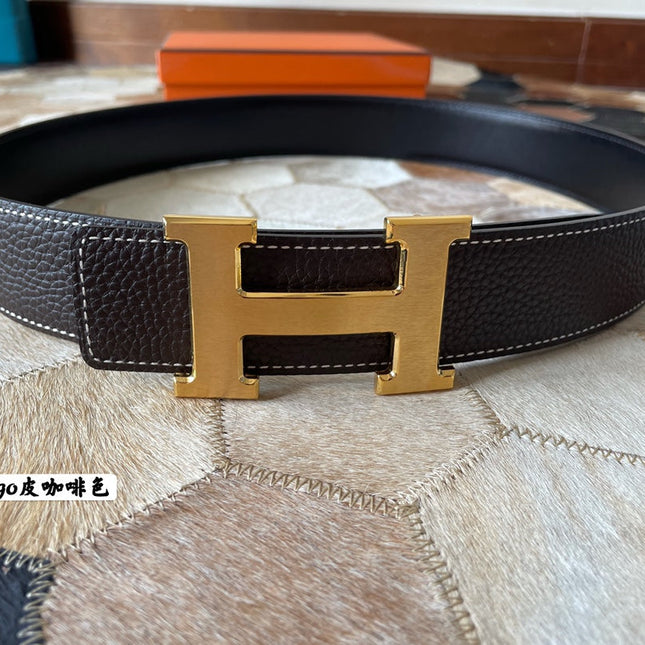 HM CONSTANCE BELT BUCKLE & REVERSIBLE CHOCOLATE BROWN LEATHER STRAP 38MM GOLD HARDWARE