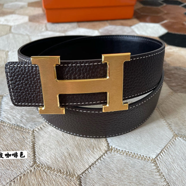 HM CONSTANCE BELT BUCKLE & REVERSIBLE CHOCOLATE BROWN LEATHER STRAP 38MM GOLD HARDWARE
