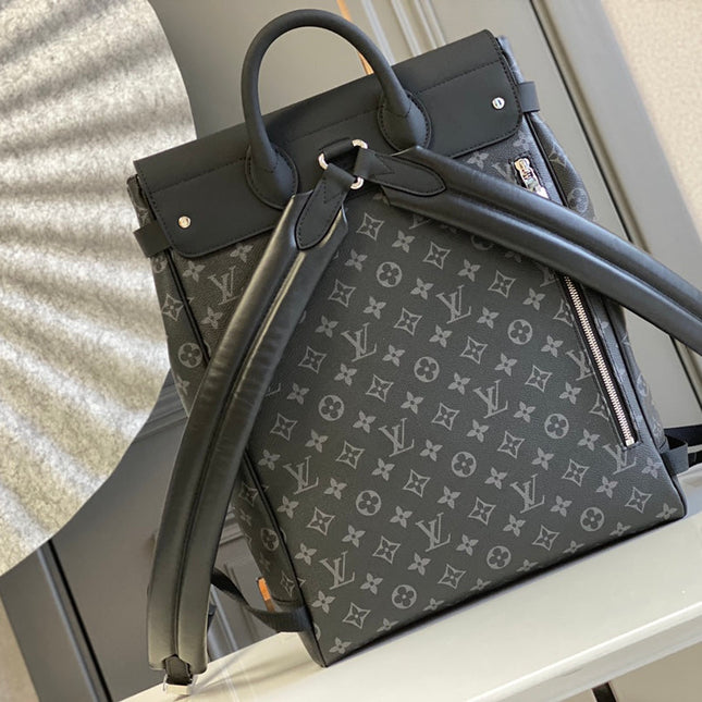 STEAMER BACKPACK 45 IN GUN METAL MONOGRAM ECLIPSE CANVAS AND BLACK CALFSKIN SILVER BUCKLE