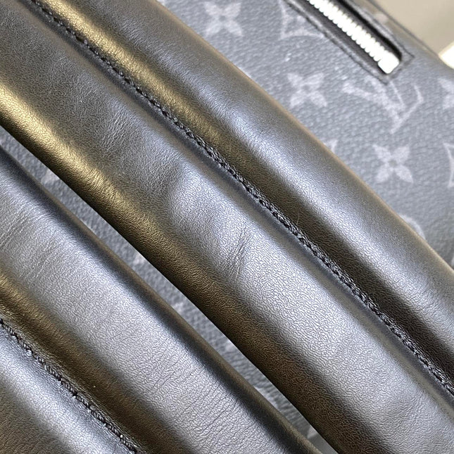 STEAMER BACKPACK 45 IN GUN METAL MONOGRAM ECLIPSE CANVAS AND BLACK CALFSKIN SILVER BUCKLE