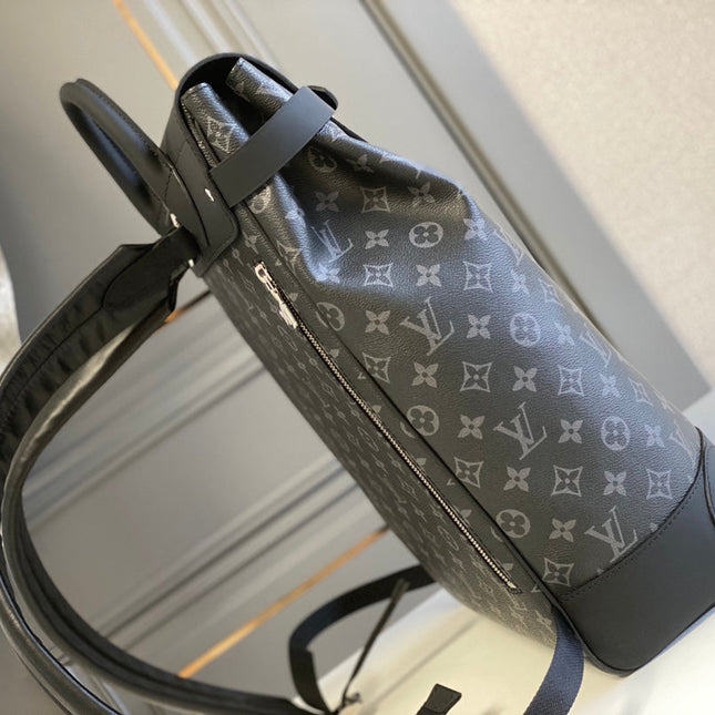 STEAMER BACKPACK 45 IN GUN METAL MONOGRAM ECLIPSE CANVAS AND BLACK CALFSKIN SILVER BUCKLE