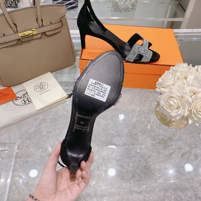 PREMIERE 70 SANDAL IN BLACK SUEDE WITH WHITE CRYSTALS