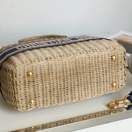 LARGE 28 BASKET BAG IN BLACK OBLIQUE JACQUARD AND BEIGE WICKER
