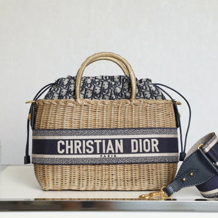 LARGE 28 BASKET BAG IN BLACK OBLIQUE JACQUARD AND BEIGE WICKER