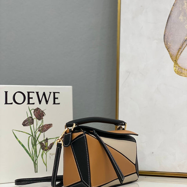 LOE MINI 18 PUZZLE BAG IN BROWN MIX BEIGE AND BLACK CALFSKIN