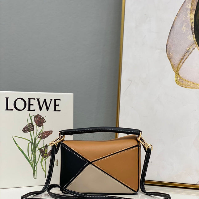 LOE MINI 18 PUZZLE BAG IN BROWN MIX BEIGE AND BLACK CALFSKIN