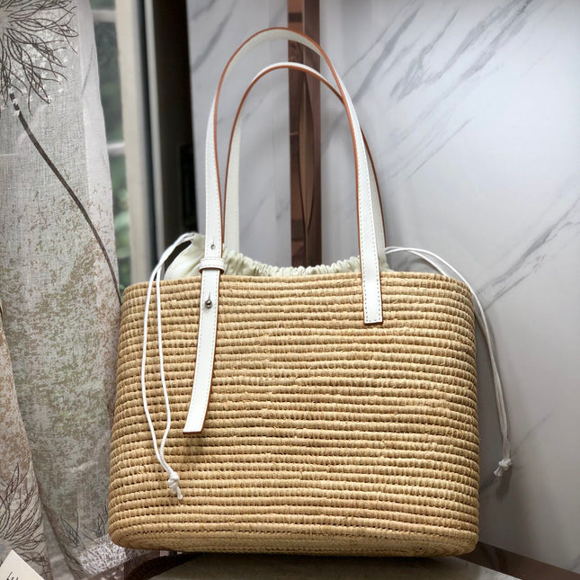 LOE SQUARE BASKET BAG 28 IN NATURAL RAFFIA AND WHITE CALFSKIN
