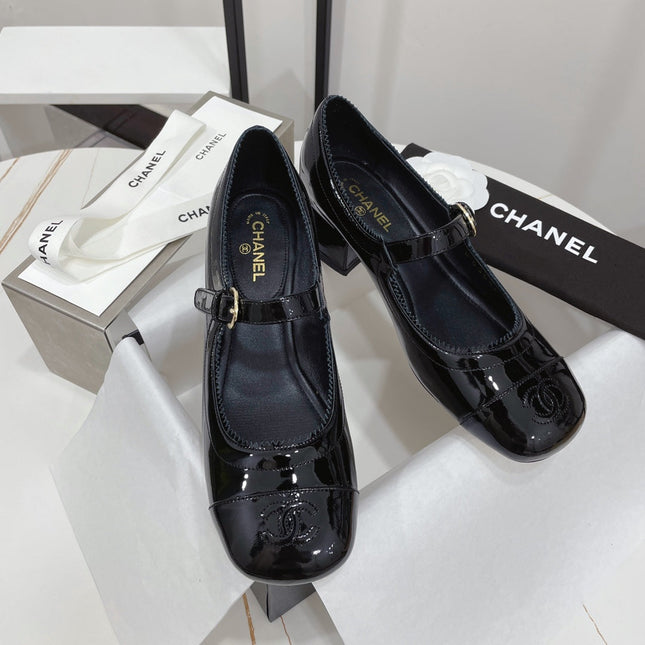 CC MARY JANE BLOCK HEEL GLOSSY BLACK SHEEPSKIN