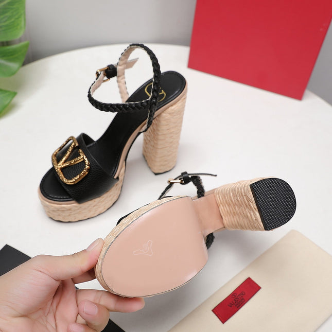 VLTN ESPADRILLE WEDGE SANDALS 25S 130 MM IN BLACK LAMBSKIN WITH GOLD HARDWARE
