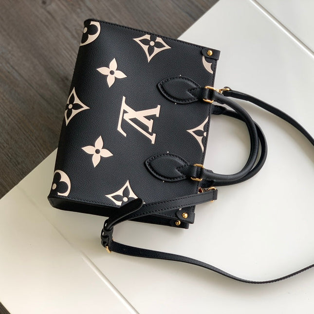 ONTHEGO TOTE 25 IN BLACK AND OFF WHITE MONOGRAM EMPREINTE