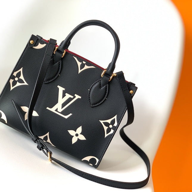 ONTHEGO TOTE 25 IN BLACK AND OFF WHITE MONOGRAM EMPREINTE