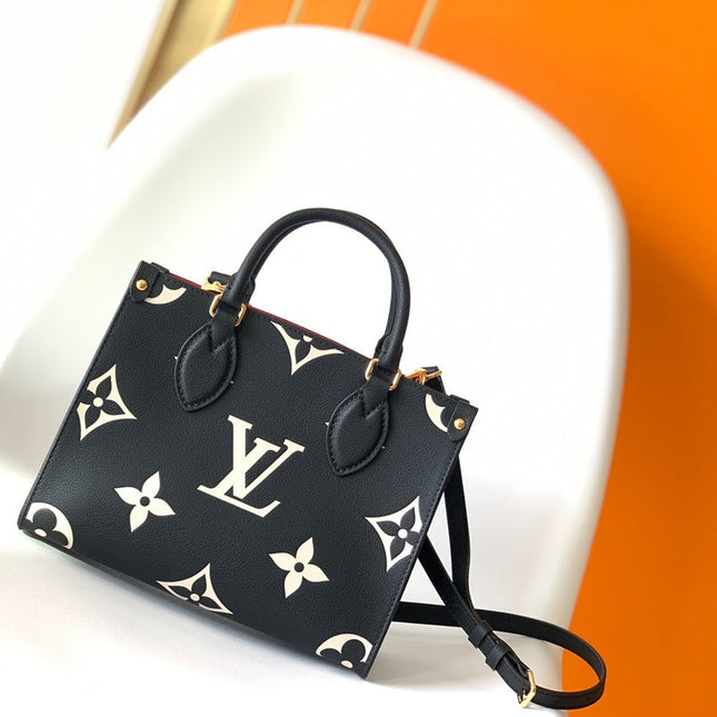 ONTHEGO TOTE 25 IN BLACK AND OFF WHITE MONOGRAM EMPREINTE