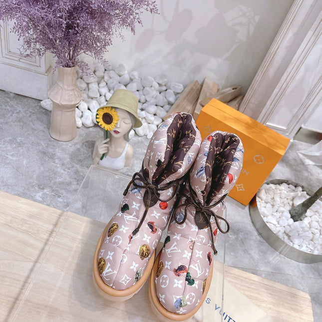 PILLOW COMFORT ANKLE BOOTS IN ROSY BROWN MIX WHITE MONOGRAM NYLON