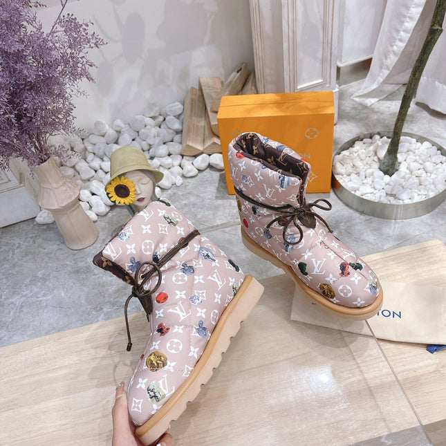 PILLOW COMFORT ANKLE BOOTS IN ROSY BROWN MIX WHITE MONOGRAM NYLON