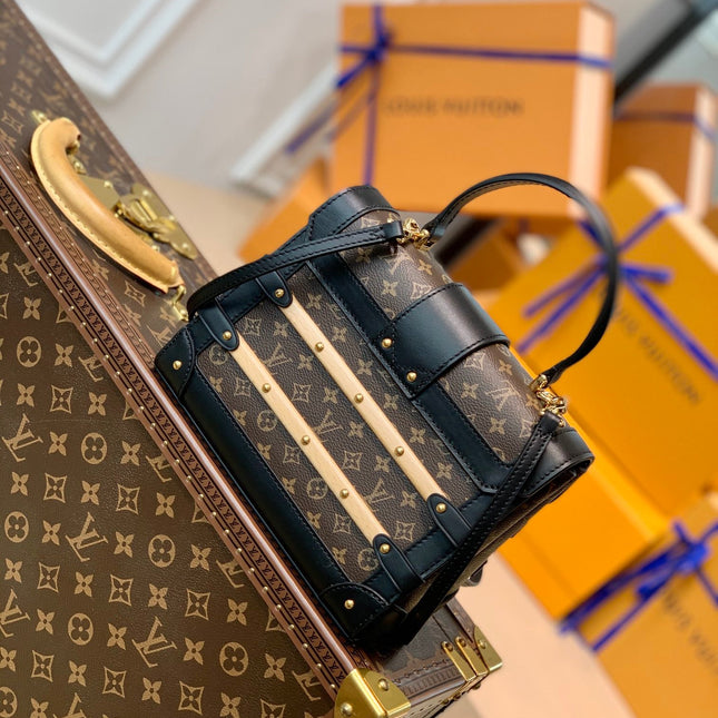 TRIANON PM 21 IN BROWN MONOGRAM COATED CANVAS AND BLACK CALFSKIN SIGNATURE S-LOCK