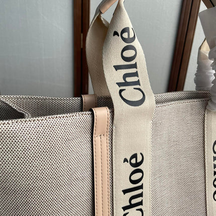 LAGRE WOODY TOTE BAG 45 IN BEIGE LINEN CANVAS BLACK WEBBING LOGO EMBROIDER NUDE CALFSKIN