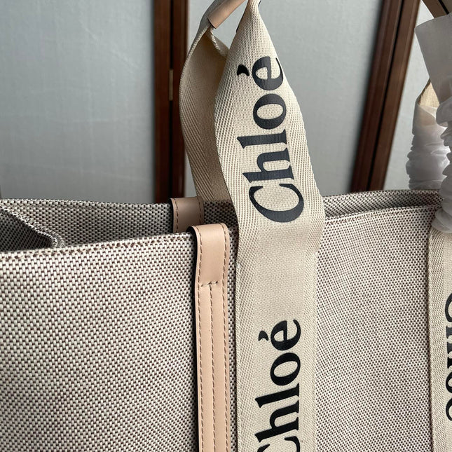 LAGRE WOODY TOTE BAG 45 IN BEIGE LINEN CANVAS BLACK WEBBING LOGO EMBROIDER NUDE CALFSKIN