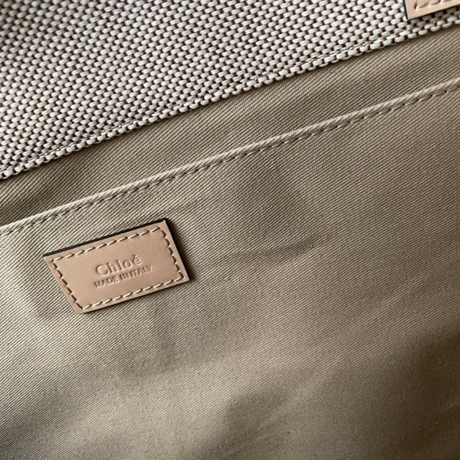 LAGRE WOODY TOTE BAG 45 IN BEIGE LINEN CANVAS BLACK WEBBING LOGO EMBROIDER NUDE CALFSKIN