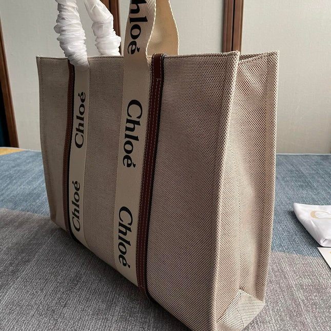 LAGRE STRAP WOODY TOTE BAG 45 IN BEIGE LINEN CANVAS BLACK WEBBING LOGO EMBROIDER BROWN CALFSKIN