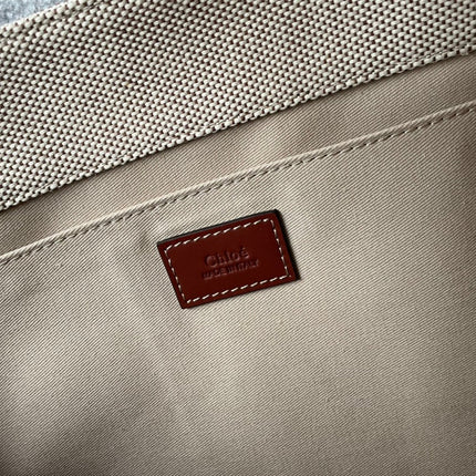 LAGRE STRAP WOODY TOTE BAG 45 IN BEIGE LINEN CANVAS BLACK WEBBING LOGO EMBROIDER BROWN CALFSKIN