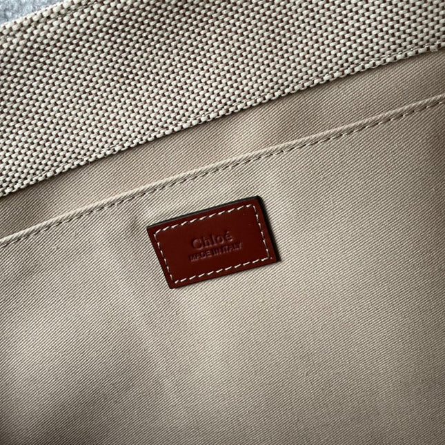 LAGRE STRAP WOODY TOTE BAG 45 IN BEIGE LINEN CANVAS BLACK WEBBING LOGO EMBROIDER BROWN CALFSKIN