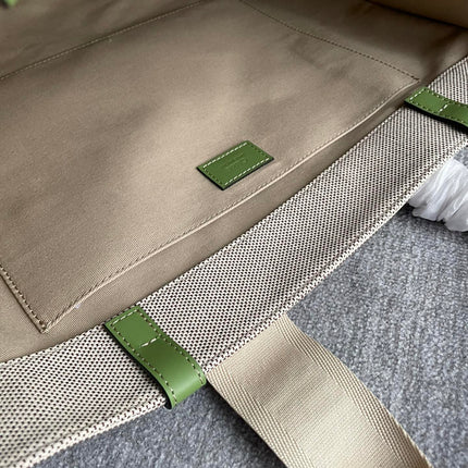 LAGRE WOODY TOTE BAG 45 IN BEIGE LINEN CANVAS BLACK WEBBING LOGO EMBROIDER GREEN CALFSKIN