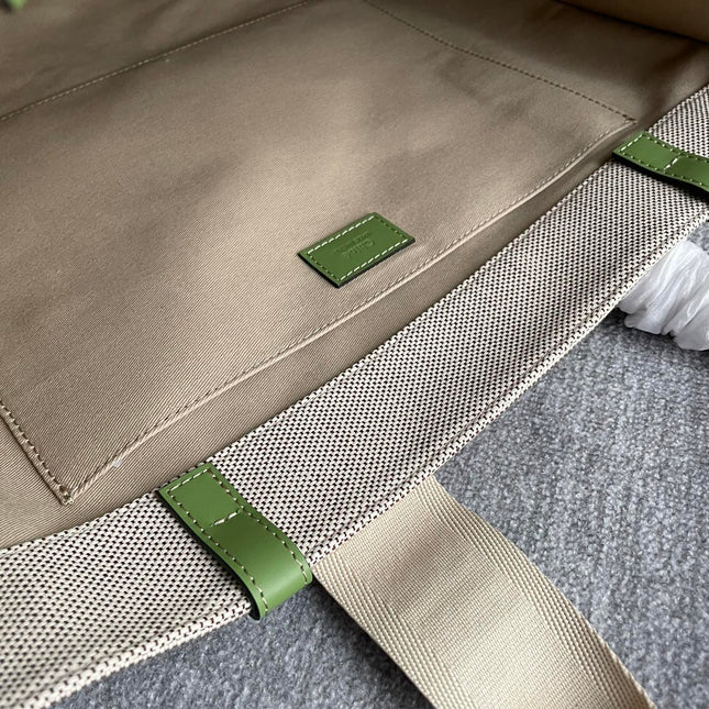 LAGRE WOODY TOTE BAG 45 IN BEIGE LINEN CANVAS BLACK WEBBING LOGO EMBROIDER GREEN CALFSKIN