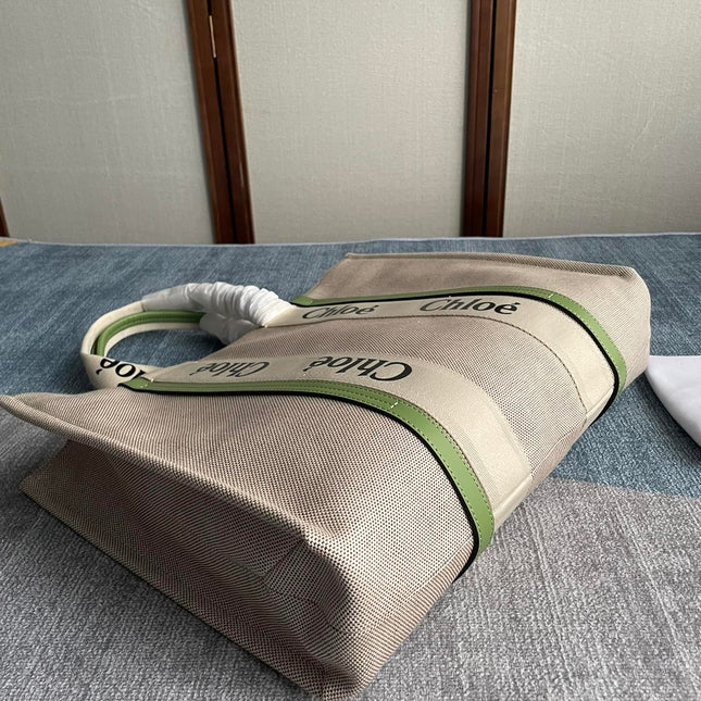 LAGRE WOODY TOTE BAG 45 IN BEIGE LINEN CANVAS BLACK WEBBING LOGO EMBROIDER GREEN CALFSKIN
