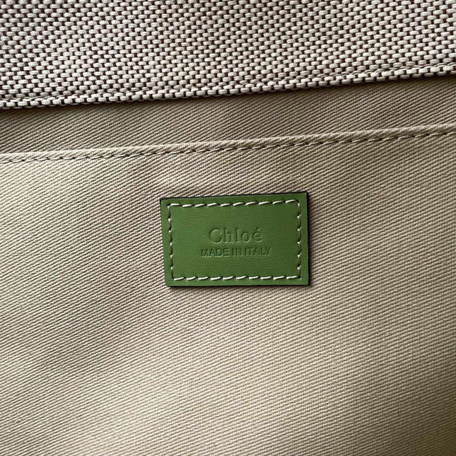 LAGRE WOODY TOTE BAG 45 IN BEIGE LINEN CANVAS BLACK WEBBING LOGO EMBROIDER GREEN CALFSKIN