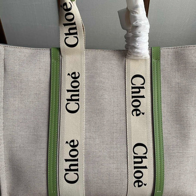 LAGRE WOODY TOTE BAG 45 IN BEIGE LINEN CANVAS BLACK WEBBING LOGO EMBROIDER GREEN CALFSKIN