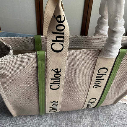LAGRE WOODY TOTE BAG 45 IN BEIGE LINEN CANVAS BLACK WEBBING LOGO EMBROIDER GREEN CALFSKIN