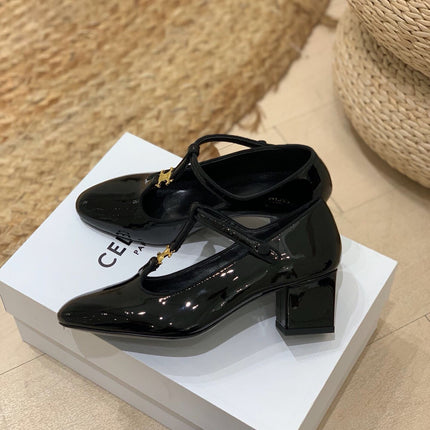 TRIOMPHE T-BAR HIGH PUMPS IN BLACK PATENT CALFSKIN