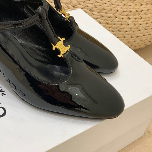 TRIOMPHE T-BAR HIGH PUMPS IN BLACK PATENT CALFSKIN