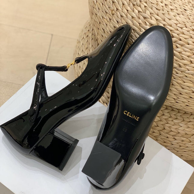 TRIOMPHE T-BAR HIGH PUMPS IN BLACK PATENT CALFSKIN