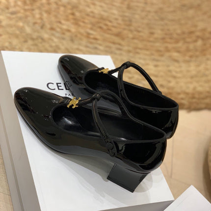 TRIOMPHE T-BAR HIGH PUMPS IN BLACK PATENT CALFSKIN