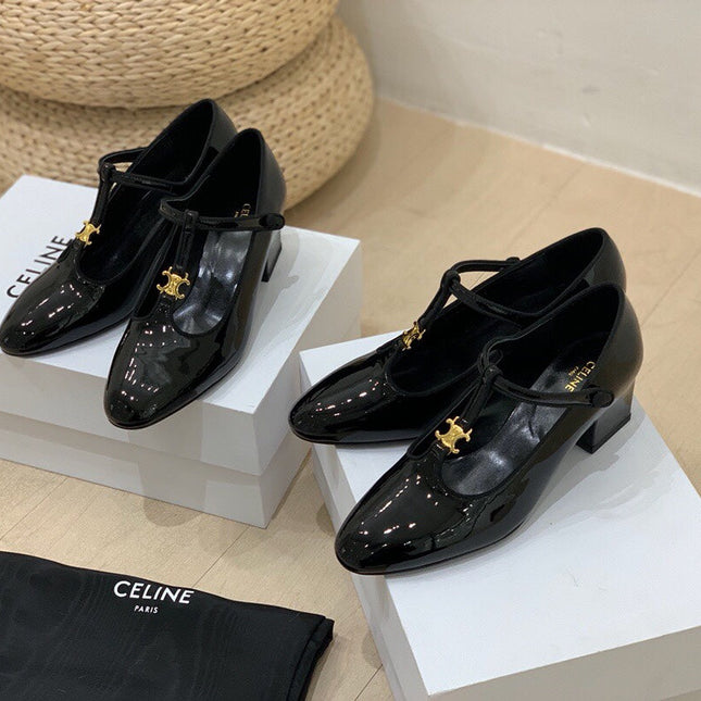TRIOMPHE T-BAR HIGH PUMPS IN BLACK PATENT CALFSKIN