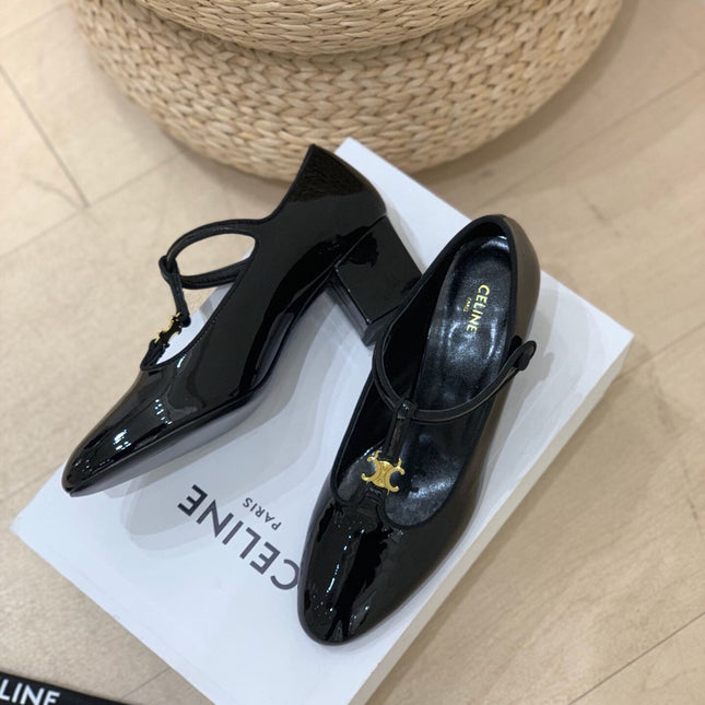 TRIOMPHE T-BAR HIGH PUMPS IN BLACK PATENT CALFSKIN