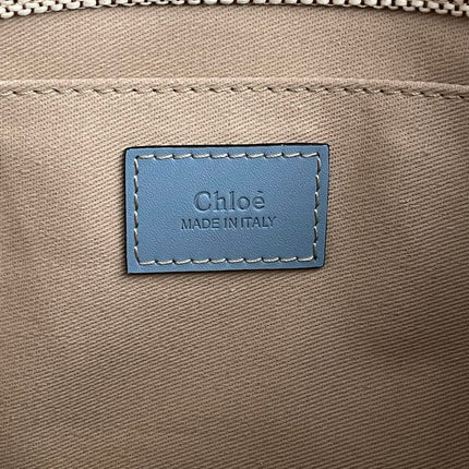 MEDIUM STRAP WOODY TOTE BAG 37 IN BEIGE LINEN CANVAS BLACK WEBBING LOGO EMBROIDER BLUE CALFSKIN