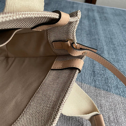 SMALL STRAP WOODY TOTE BAG 26.5 IN BEIGE LINEN CANVAS BLACK WEBBING LOGO EMBROIDER NUDE CALFSKIN