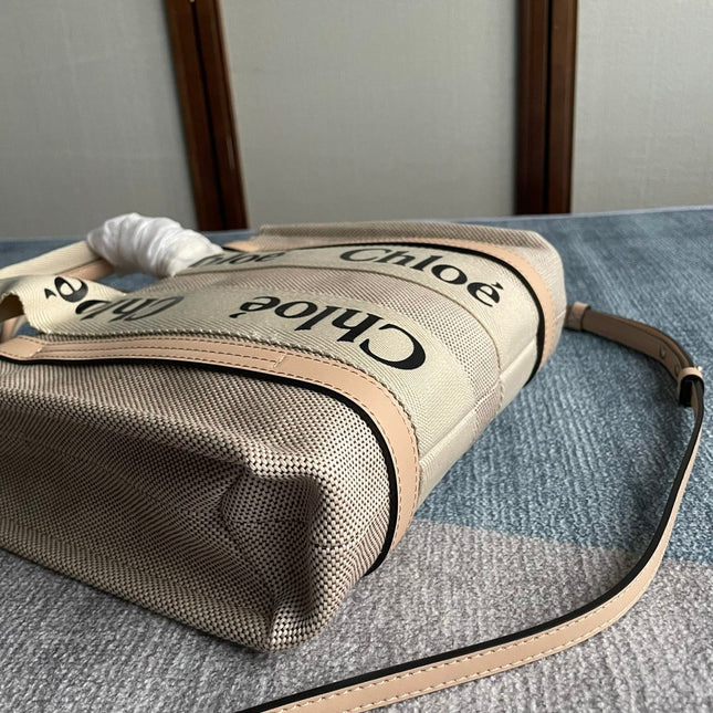 SMALL STRAP WOODY TOTE BAG 26.5 IN BEIGE LINEN CANVAS BLACK WEBBING LOGO EMBROIDER NUDE CALFSKIN