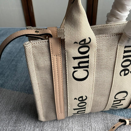 SMALL STRAP WOODY TOTE BAG 26.5 IN BEIGE LINEN CANVAS BLACK WEBBING LOGO EMBROIDER NUDE CALFSKIN