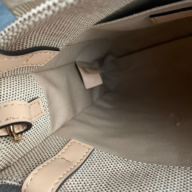SMALL STRAP WOODY TOTE BAG 26.5 IN BEIGE LINEN CANVAS BLACK WEBBING LOGO EMBROIDER NUDE CALFSKIN