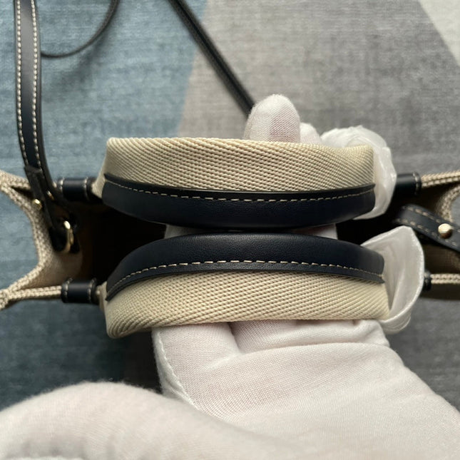 SMALL STRAP WOODY TOTE BAG 26.5 IN BEIGE LINEN CANVAS BLACK WEBBING LOGO EMBROIDER BLACK CALFSKIN