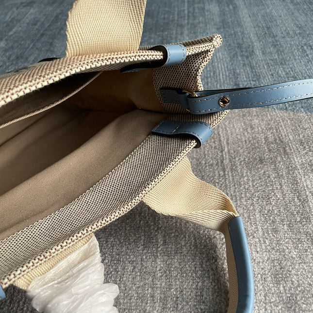 SMALL STRAP WOODY TOTE BAG 26.5 IN BEIGE LINEN CANVAS BLACK WEBBING LOGO EMBROIDER BLUE CALFSKIN