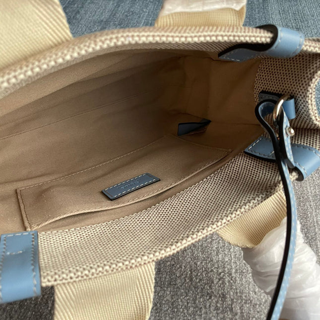 SMALL STRAP WOODY TOTE BAG 26.5 IN BEIGE LINEN CANVAS BLACK WEBBING LOGO EMBROIDER BLUE CALFSKIN