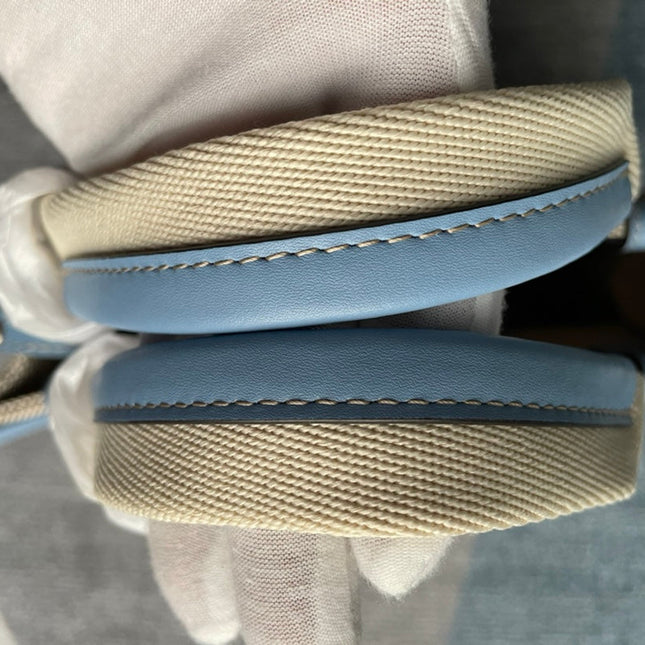 SMALL STRAP WOODY TOTE BAG 26.5 IN BEIGE LINEN CANVAS BLACK WEBBING LOGO EMBROIDER BLUE CALFSKIN