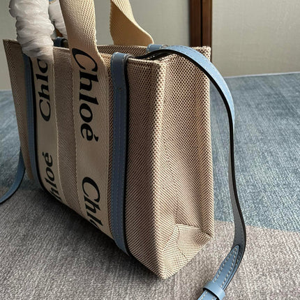 SMALL STRAP WOODY TOTE BAG 26.5 IN BEIGE LINEN CANVAS BLACK WEBBING LOGO EMBROIDER BLUE CALFSKIN