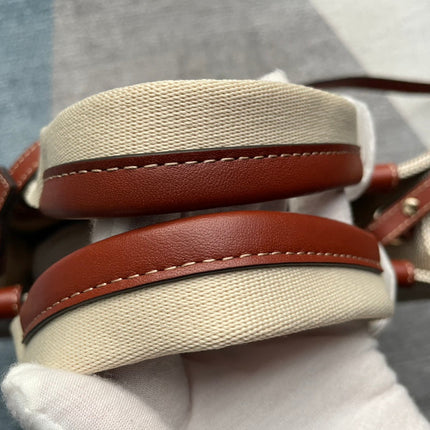 SMALL STRAP WOODY TOTE BAG 26.5 IN BEIGE LINEN CANVAS BLACK WEBBING LOGO EMBROIDER BROWN CALFSKIN